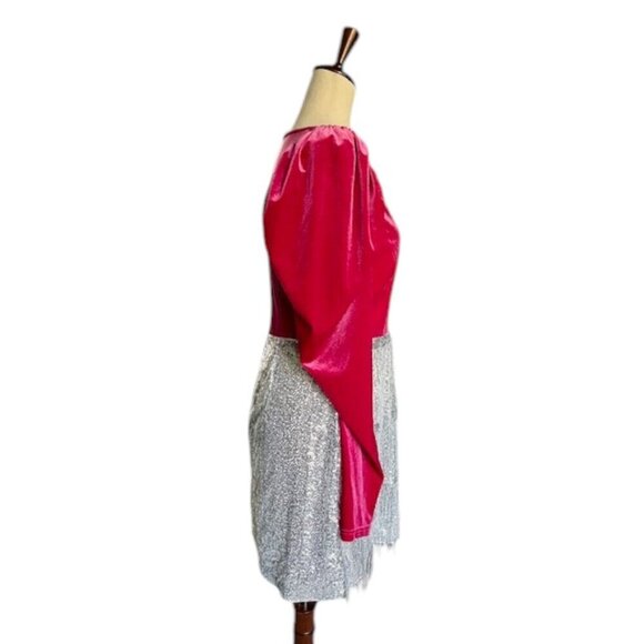 Double Crazy Dress Pink Magenta Puff Long Sleeve Sequin Fringe V Neck Large NWOT - Picture 6 of 14